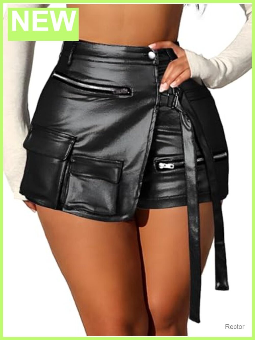 Faux Leather High Waisted Asymmetrical Cargo Skort with Pockets